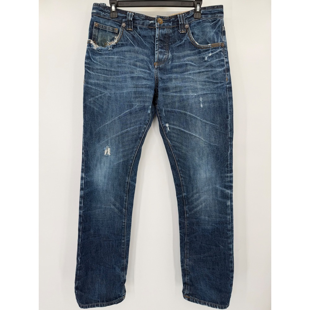 Superdry Jeans Mens 32x32 Blue Dean Straight Leg Distressed Whiskered Denim